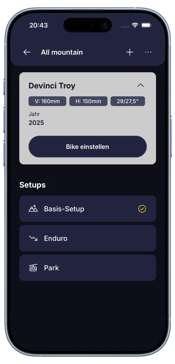 BouncyBits Bike-Bildschirm mit Spezifikationen und einer Liste gespeicherter Setups