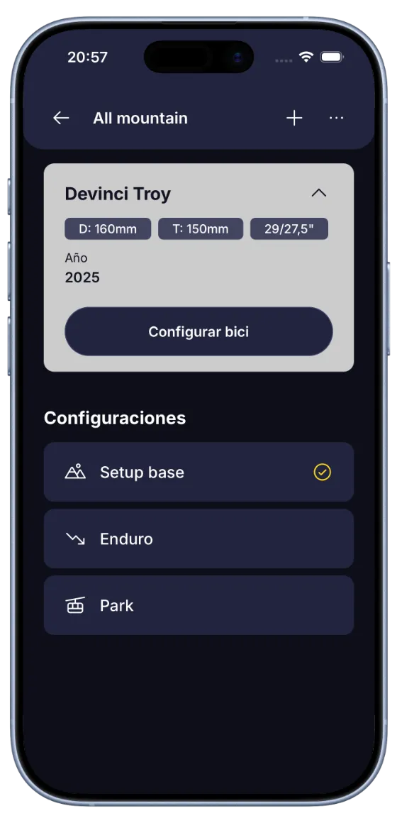 Pantalla de bici de BouncyBits con especificaciones y una lista de configuraciones guardadas