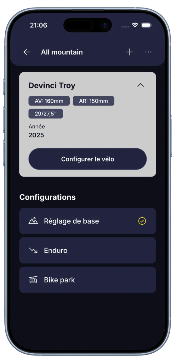 Écran vélo de BouncyBits affichant les caractéristiques et une liste de configurations enregistrées