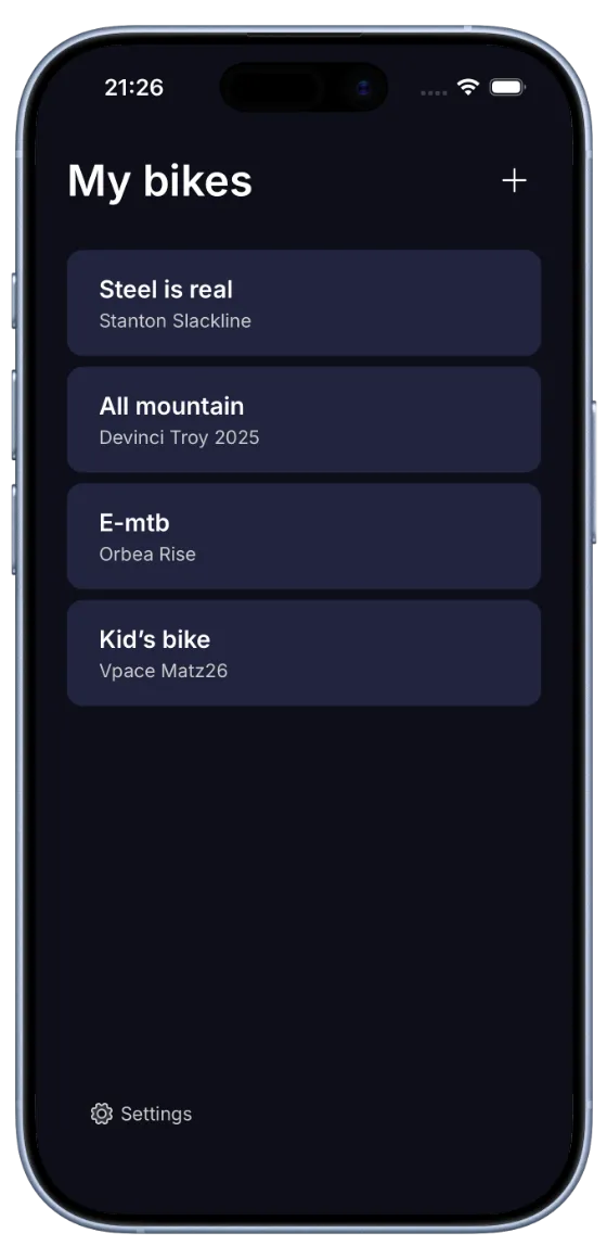 BouncyBits My bikes screen with a list of four bikes
