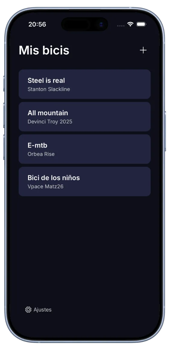 Pantalla Mis bicis de BouncyBits con una lista de cuatro bicis