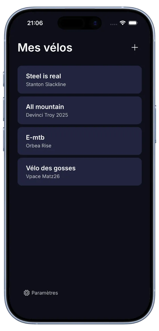 Écran Mes vélos de BouncyBits avec une liste de quatre vélos
