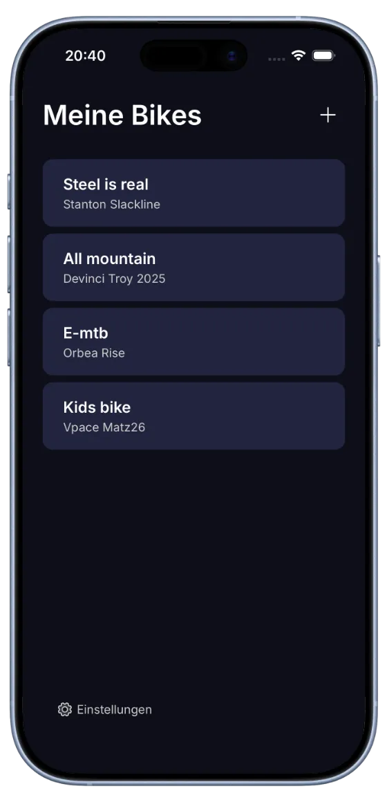 BouncyBits Meine Bikes-Bildschirm mit einer Liste von vier Bikes