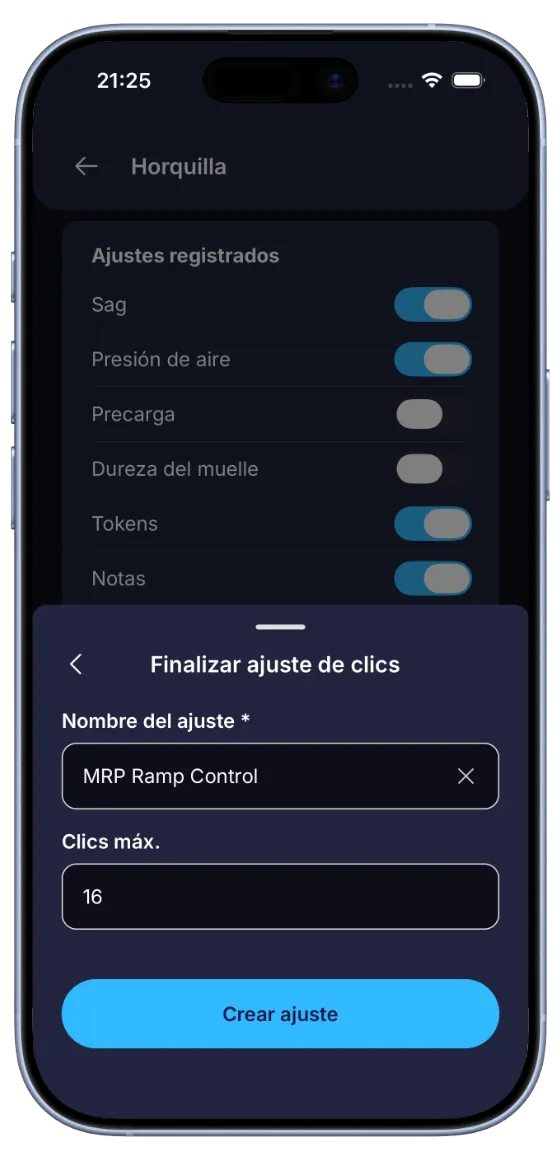 Pantalla de configuración de horquilla de BouncyBits con interruptores para elegir qué ajustes registrar en segundo plano, y la configuración de un ajuste de clic personalizado en primer plano
