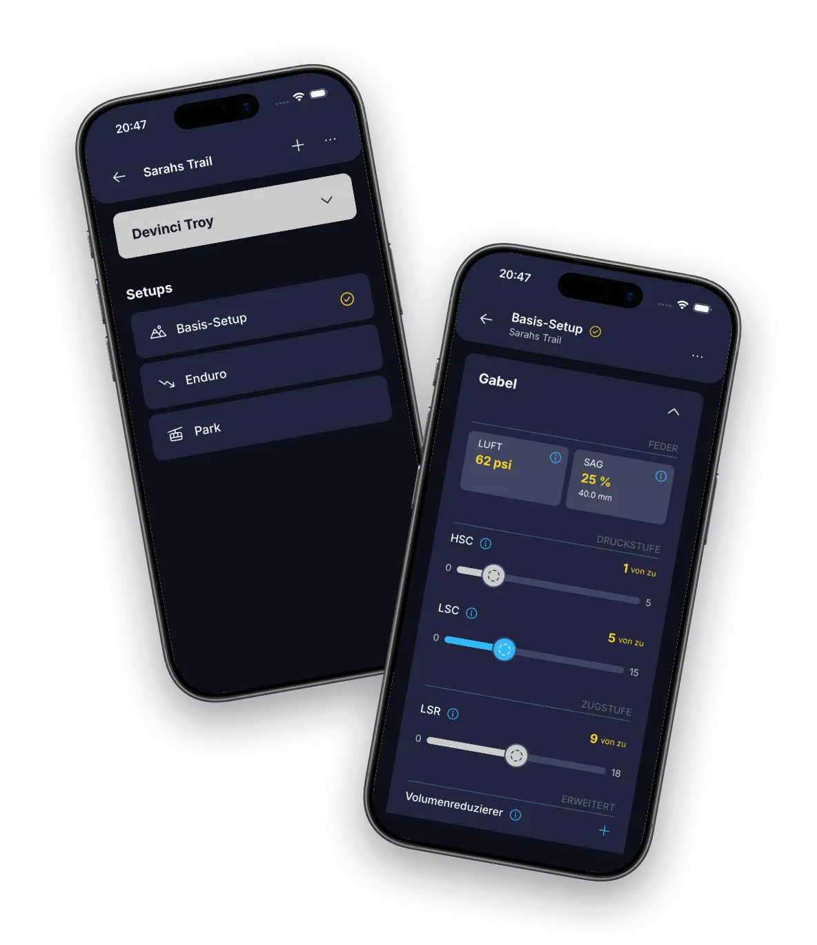 BouncyBits-App mit Setup-Liste und Gabel-Fahrwerkseinstellungen auf zwei iPhones