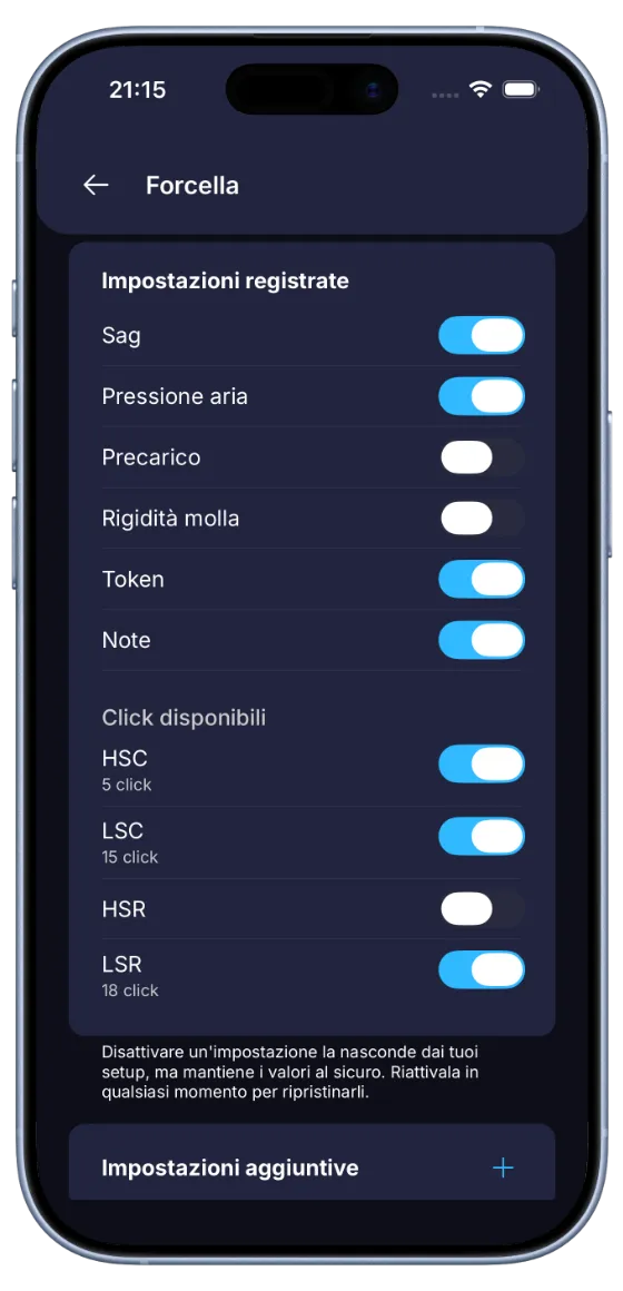 Schermata di configurazione forcella di BouncyBits con interruttori per scegliere quali impostazioni tracciare