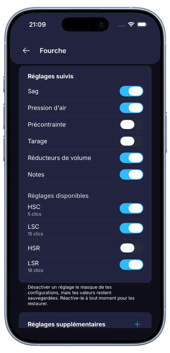 Écran de configuration de fourche BouncyBits avec des interrupteurs pour choisir quels réglages suivre
