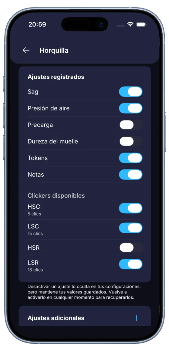 Pantalla de configuración de horquilla de BouncyBits con interruptores para elegir qué ajustes registrar