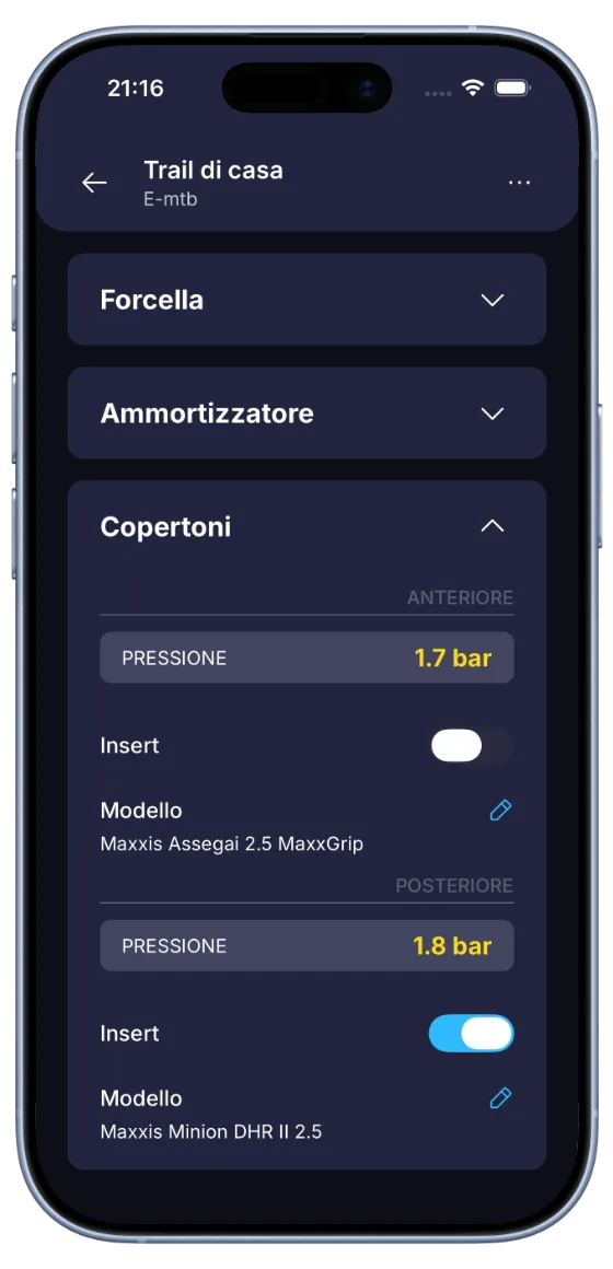 Schermata setup di BouncyBits con le impostazioni di forcella, ammortizzatore e copertoni